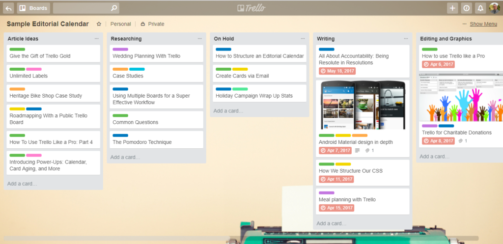 Example of an editorial calendar managed through Trello - AMASF